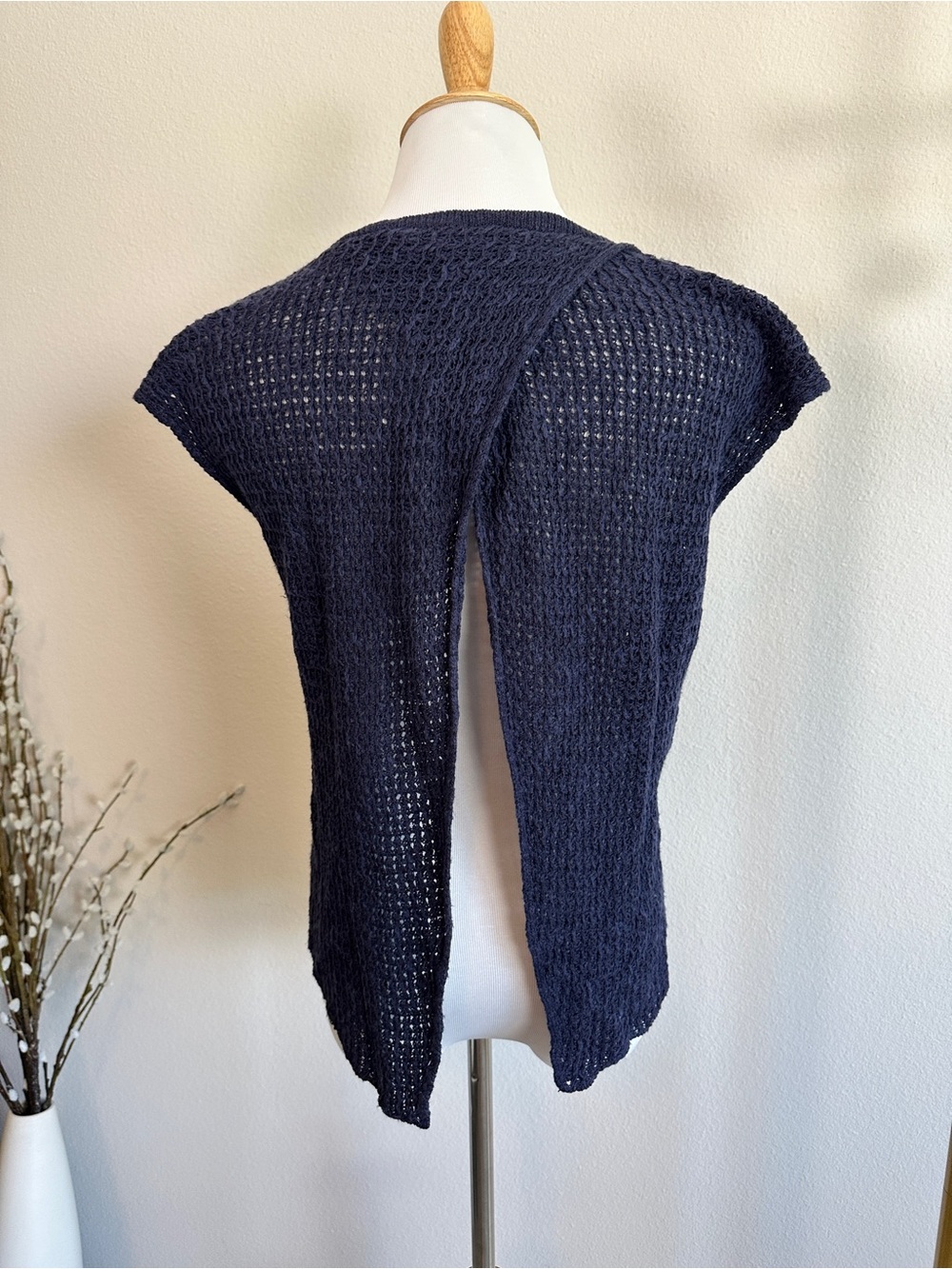 Eileen Fisher Navy Open-Knit Cap Sleeve Top